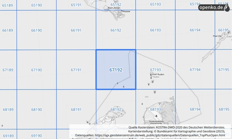 Übersichtskarte des KOSTRA-DWD-2020-Rasterfeldes Nr. 67192