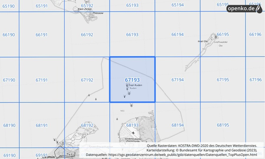 Übersichtskarte des KOSTRA-DWD-2020-Rasterfeldes Nr. 67193