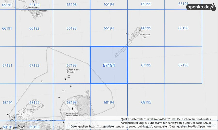 Übersichtskarte des KOSTRA-DWD-2020-Rasterfeldes Nr. 67194