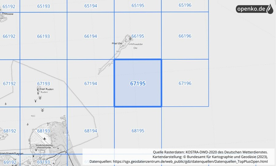 Übersichtskarte des KOSTRA-DWD-2020-Rasterfeldes Nr. 67195