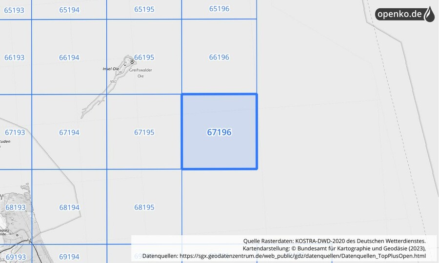 Übersichtskarte des KOSTRA-DWD-2020-Rasterfeldes Nr. 67196