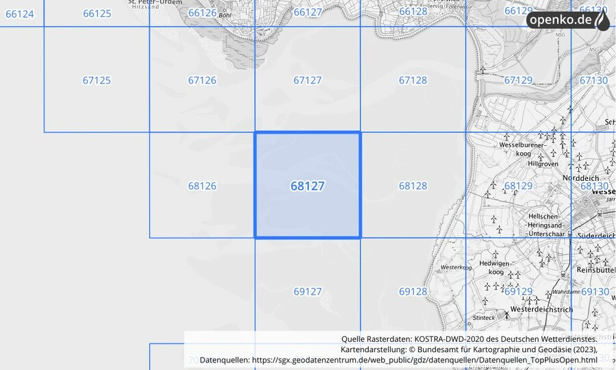 Übersichtskarte des KOSTRA-DWD-2020-Rasterfeldes Nr. 68127