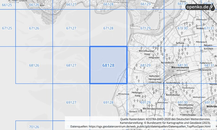 Übersichtskarte des KOSTRA-DWD-2020-Rasterfeldes Nr. 68128