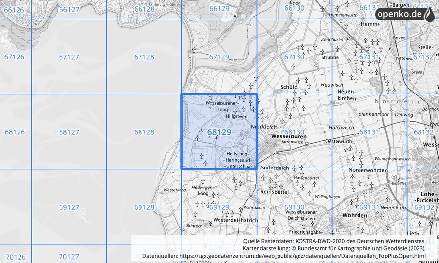 Übersichtskarte des KOSTRA-DWD-2020-Rasterfeldes Nr. 68129