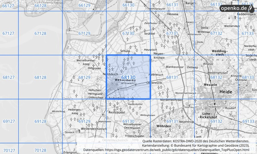 Übersichtskarte des KOSTRA-DWD-2020-Rasterfeldes Nr. 68130