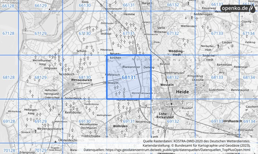 Übersichtskarte des KOSTRA-DWD-2020-Rasterfeldes Nr. 68131