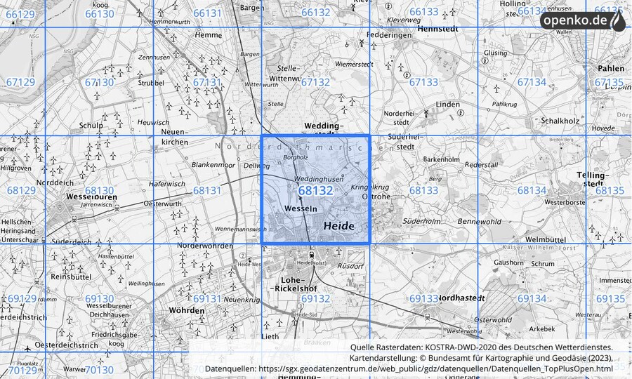 Übersichtskarte des KOSTRA-DWD-2020-Rasterfeldes Nr. 68132