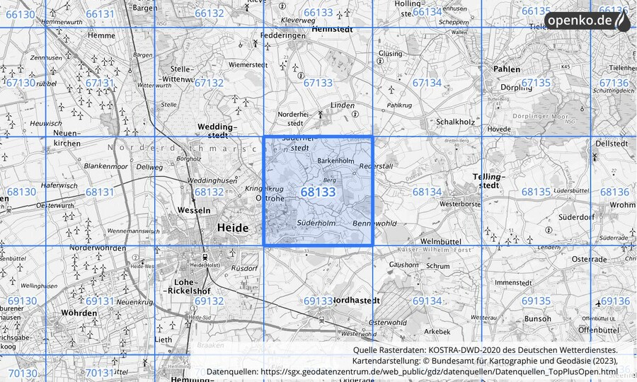 Übersichtskarte des KOSTRA-DWD-2020-Rasterfeldes Nr. 68133
