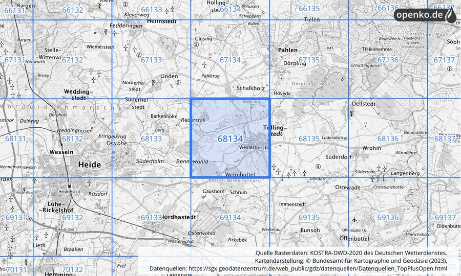 Übersichtskarte des KOSTRA-DWD-2020-Rasterfeldes Nr. 68134