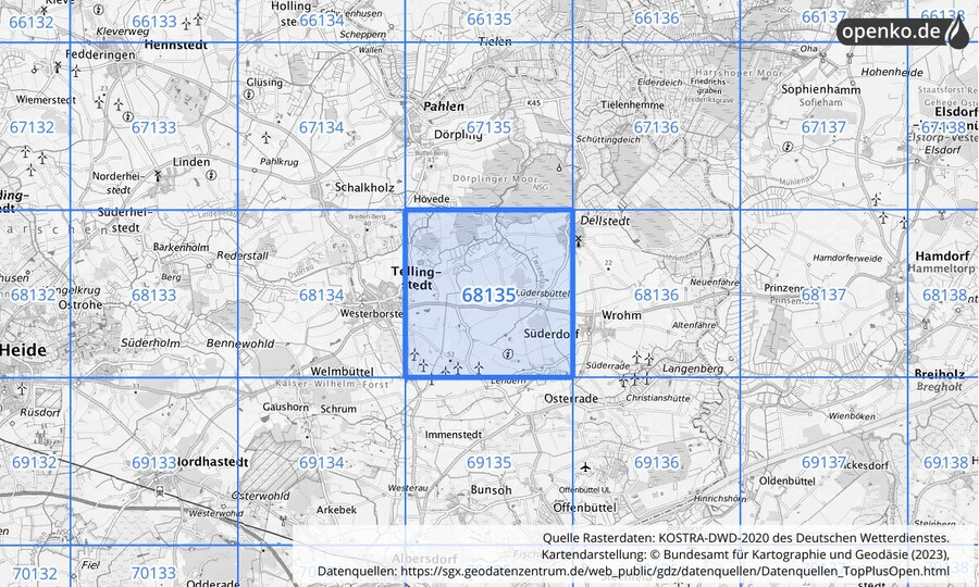 Übersichtskarte des KOSTRA-DWD-2020-Rasterfeldes Nr. 68135