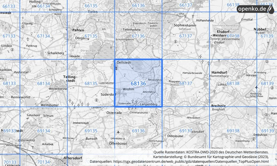 Übersichtskarte des KOSTRA-DWD-2020-Rasterfeldes Nr. 68136