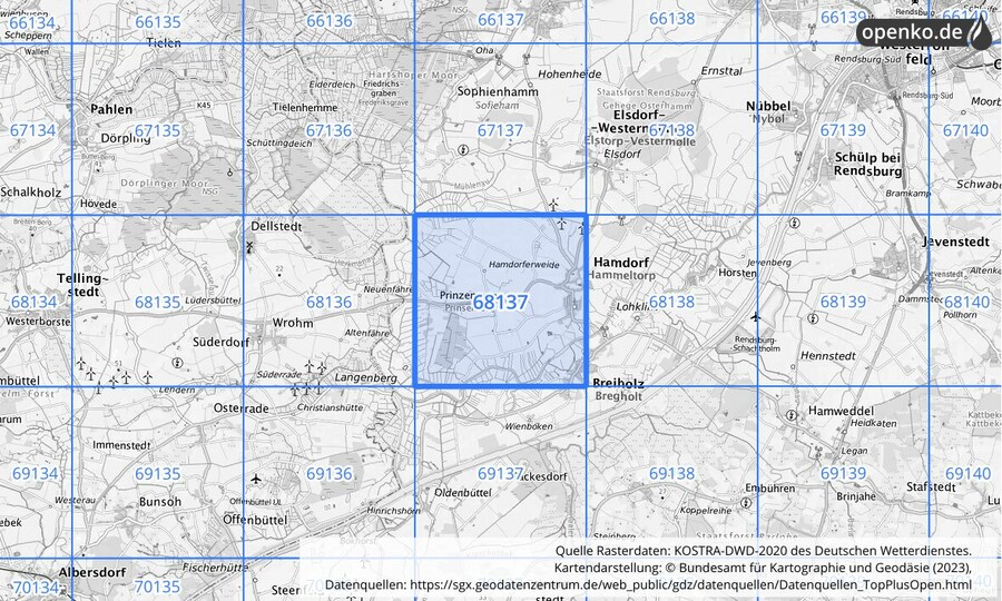 Übersichtskarte des KOSTRA-DWD-2020-Rasterfeldes Nr. 68137