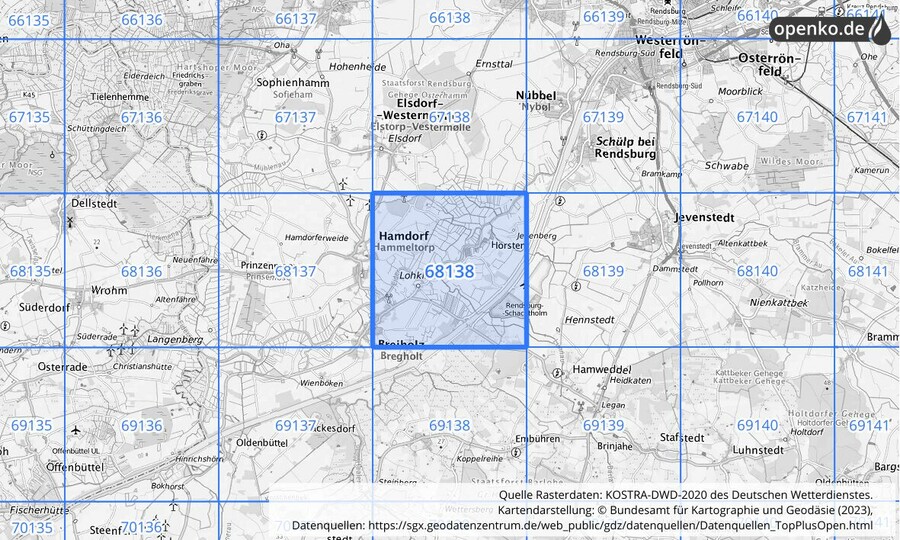 Übersichtskarte des KOSTRA-DWD-2020-Rasterfeldes Nr. 68138