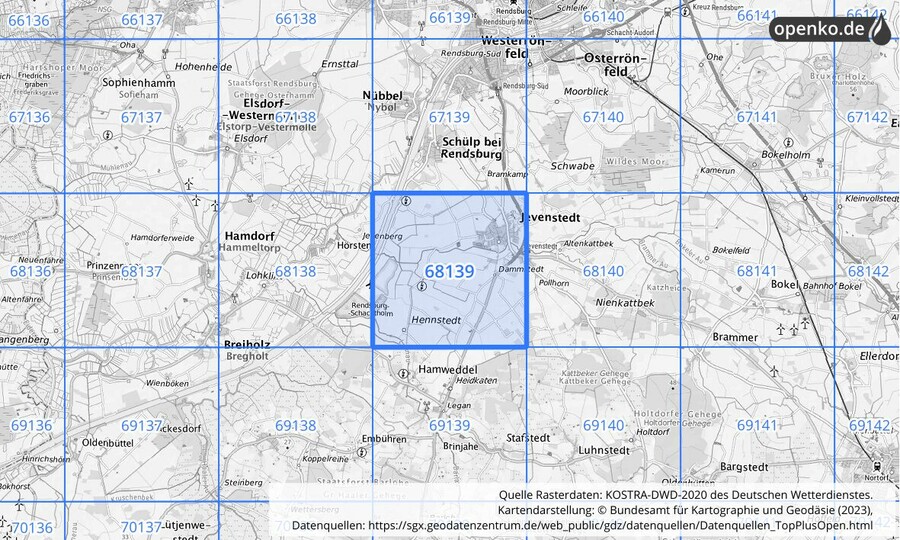 Übersichtskarte des KOSTRA-DWD-2020-Rasterfeldes Nr. 68139