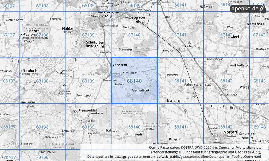 Übersichtskarte des KOSTRA-DWD-2020-Rasterfeldes Nr. 68140