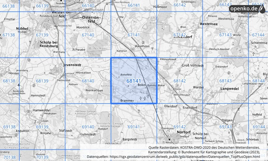 Übersichtskarte des KOSTRA-DWD-2020-Rasterfeldes Nr. 68141