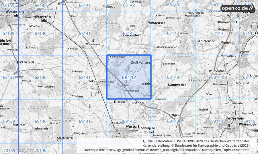 Übersichtskarte des KOSTRA-DWD-2020-Rasterfeldes Nr. 68142