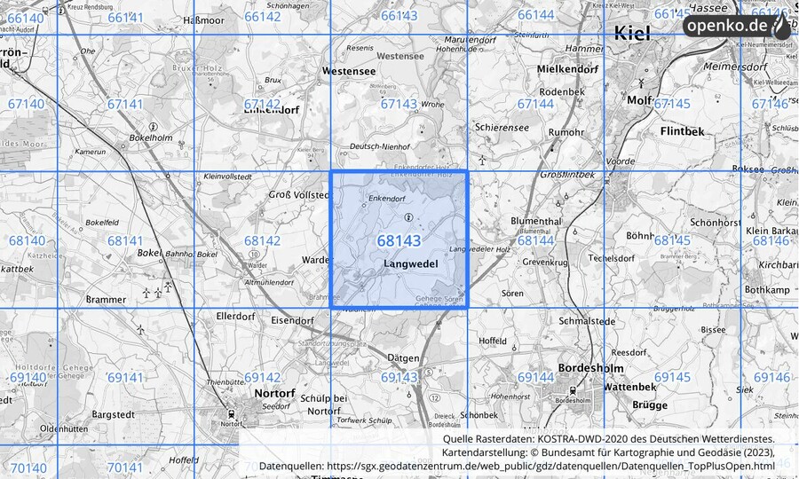 Übersichtskarte des KOSTRA-DWD-2020-Rasterfeldes Nr. 68143