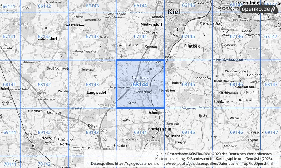 Übersichtskarte des KOSTRA-DWD-2020-Rasterfeldes Nr. 68144
