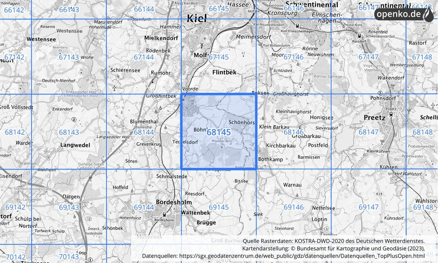 Übersichtskarte des KOSTRA-DWD-2020-Rasterfeldes Nr. 68145