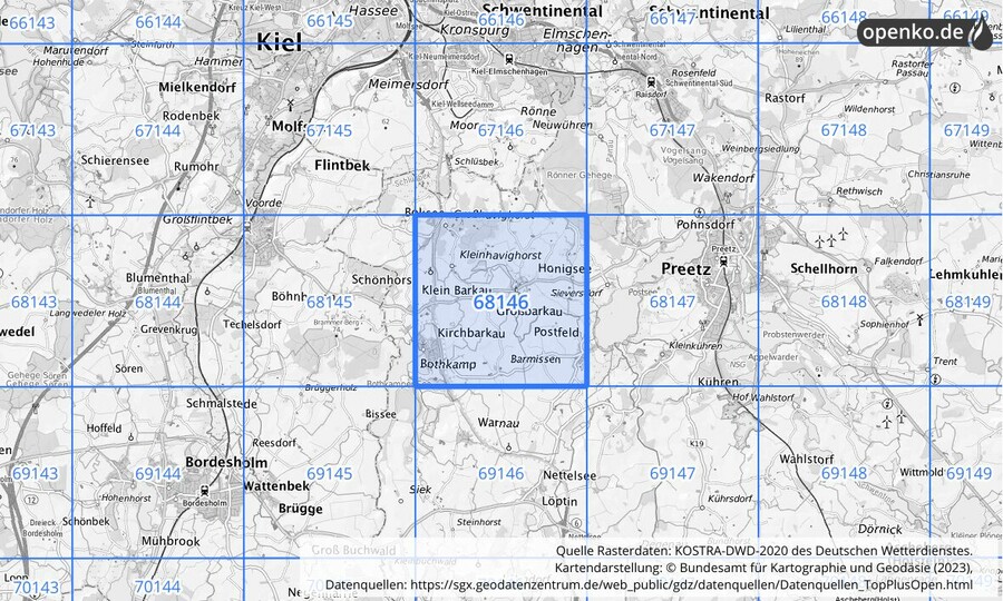 Übersichtskarte des KOSTRA-DWD-2020-Rasterfeldes Nr. 68146