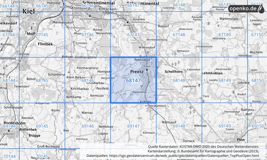 Übersichtskarte des KOSTRA-DWD-2020-Rasterfeldes Nr. 68147