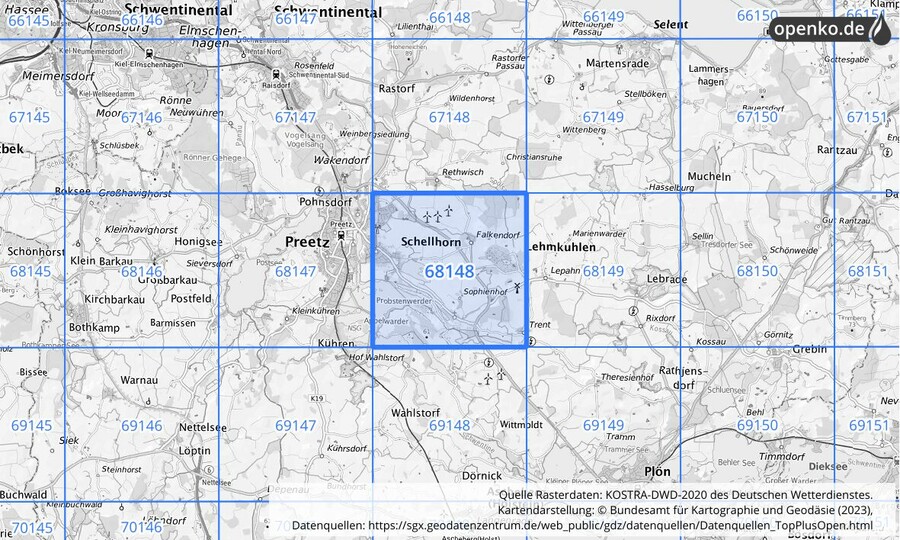 Übersichtskarte des KOSTRA-DWD-2020-Rasterfeldes Nr. 68148