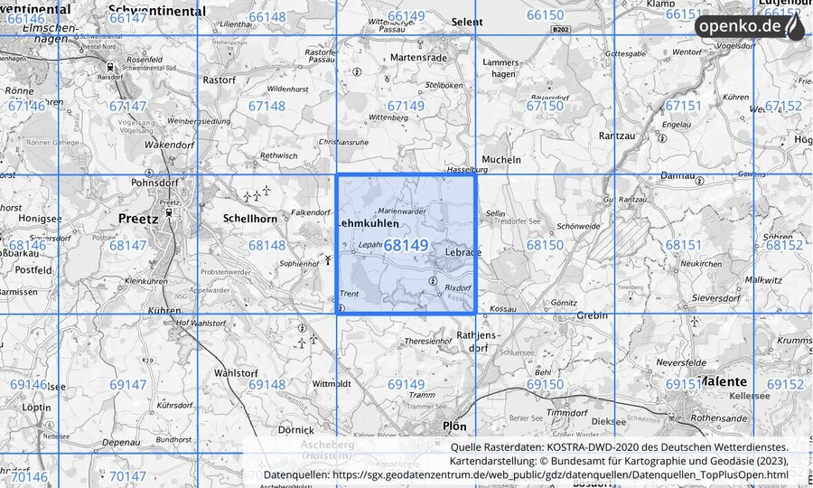 Übersichtskarte des KOSTRA-DWD-2020-Rasterfeldes Nr. 68149