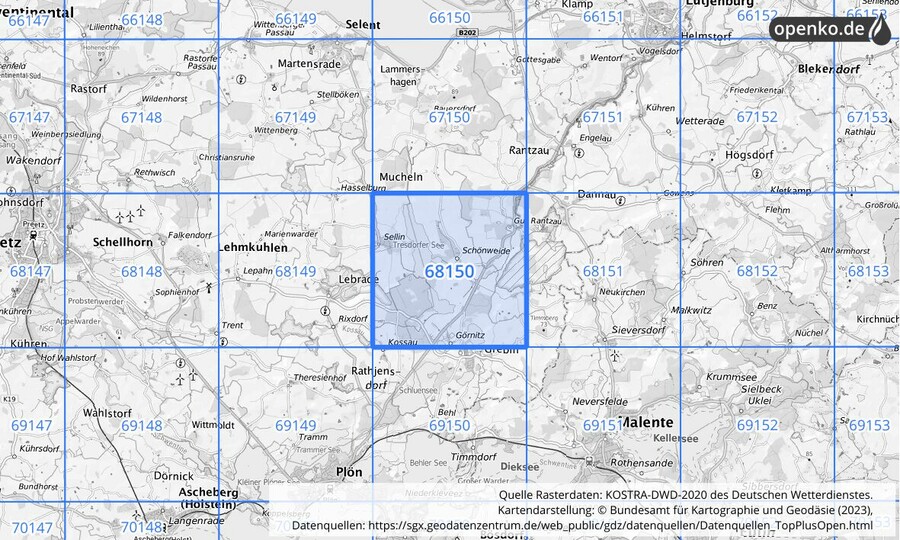 Übersichtskarte des KOSTRA-DWD-2020-Rasterfeldes Nr. 68150