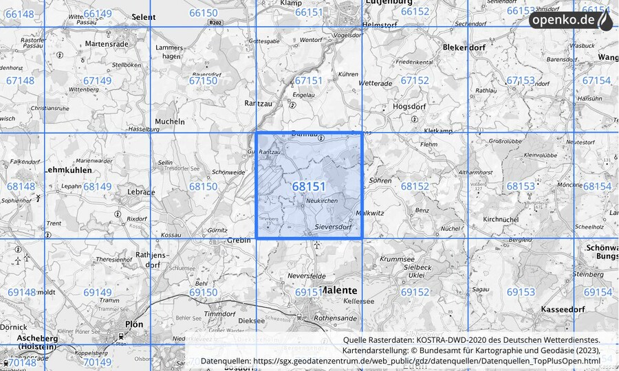 Übersichtskarte des KOSTRA-DWD-2020-Rasterfeldes Nr. 68151