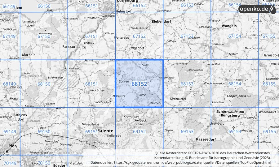 Übersichtskarte des KOSTRA-DWD-2020-Rasterfeldes Nr. 68152