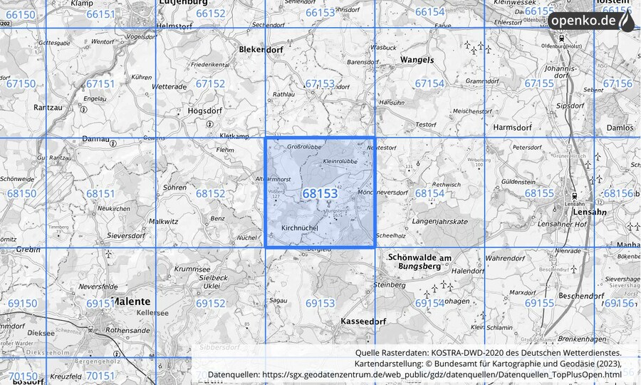 Übersichtskarte des KOSTRA-DWD-2020-Rasterfeldes Nr. 68153