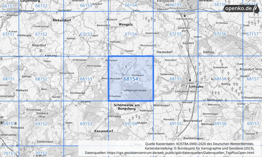 Übersichtskarte des KOSTRA-DWD-2020-Rasterfeldes Nr. 68154