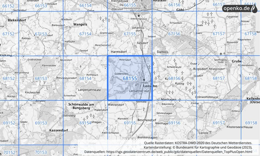 Übersichtskarte des KOSTRA-DWD-2020-Rasterfeldes Nr. 68155