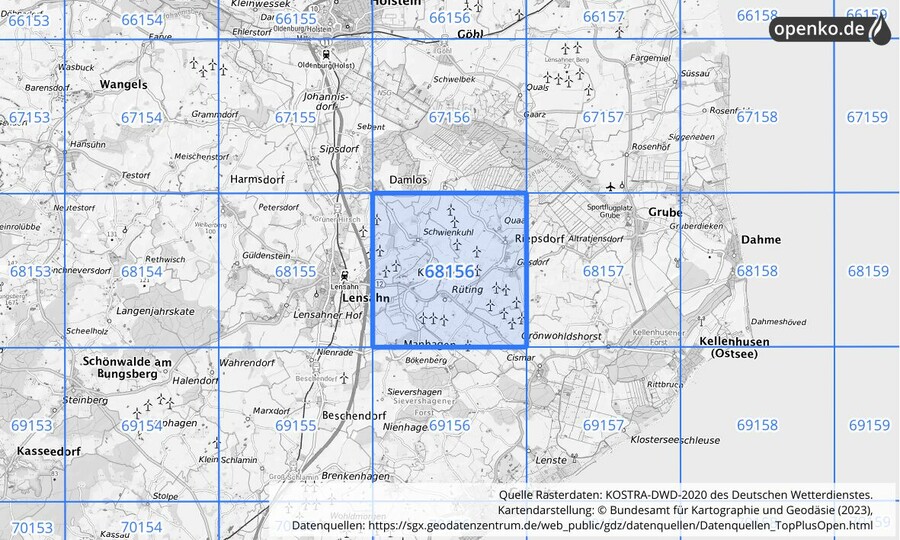 Übersichtskarte des KOSTRA-DWD-2020-Rasterfeldes Nr. 68156
