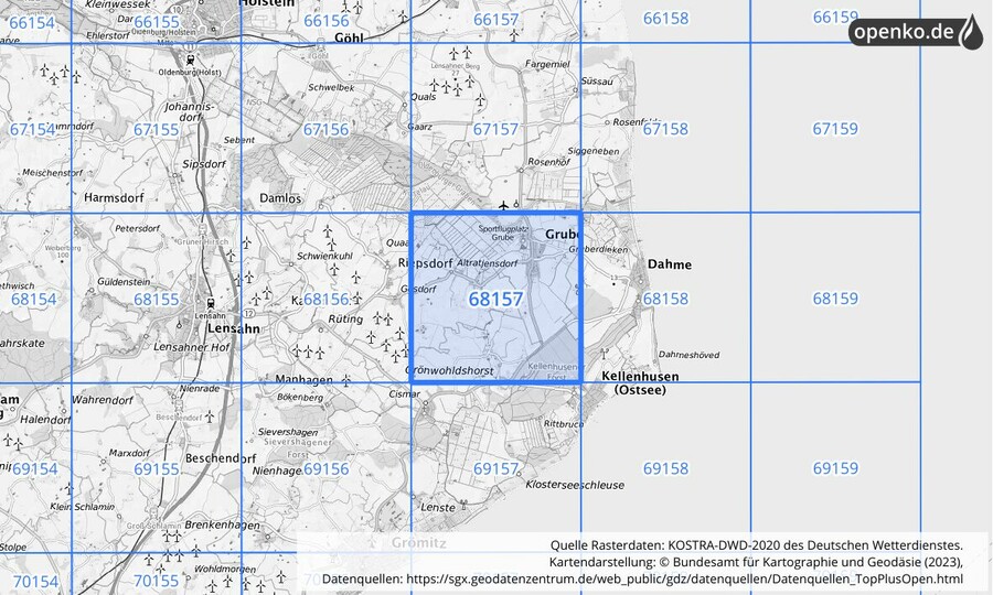 Übersichtskarte des KOSTRA-DWD-2020-Rasterfeldes Nr. 68157