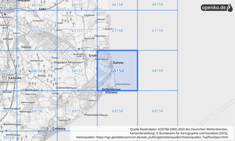 Übersichtskarte des KOSTRA-DWD-2020-Rasterfeldes Nr. 68158