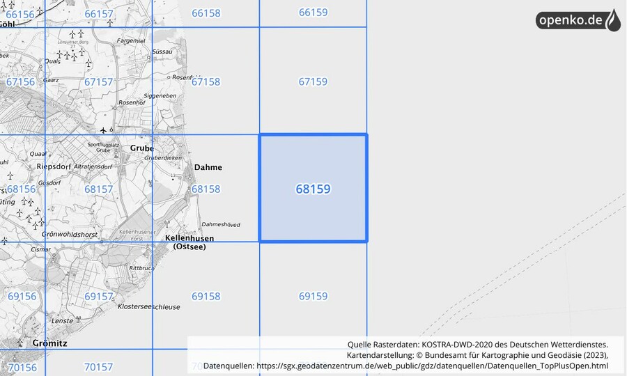 Übersichtskarte des KOSTRA-DWD-2020-Rasterfeldes Nr. 68159