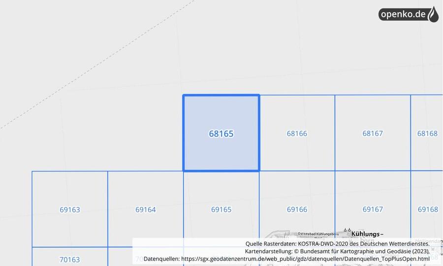 Übersichtskarte des KOSTRA-DWD-2020-Rasterfeldes Nr. 68165