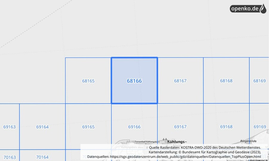 Übersichtskarte des KOSTRA-DWD-2020-Rasterfeldes Nr. 68166