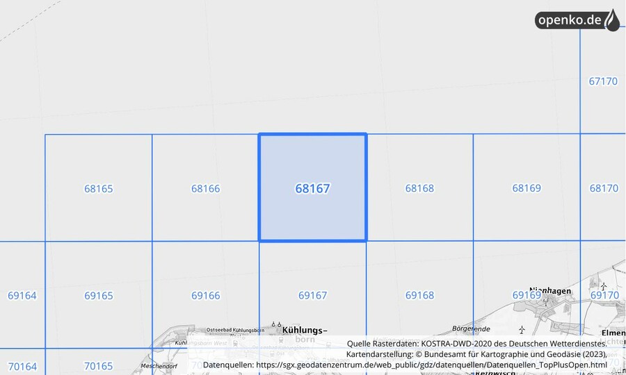 Übersichtskarte des KOSTRA-DWD-2020-Rasterfeldes Nr. 68167