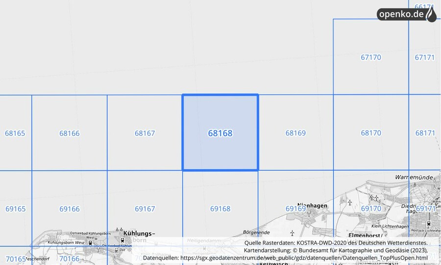 Übersichtskarte des KOSTRA-DWD-2020-Rasterfeldes Nr. 68168