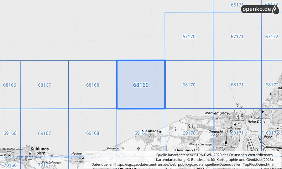 Übersichtskarte des KOSTRA-DWD-2020-Rasterfeldes Nr. 68169