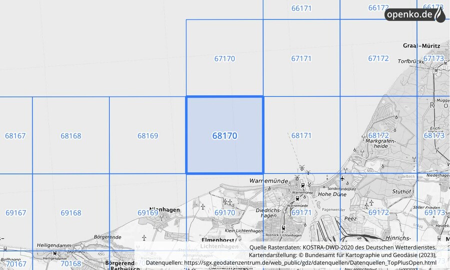 Übersichtskarte des KOSTRA-DWD-2020-Rasterfeldes Nr. 68170