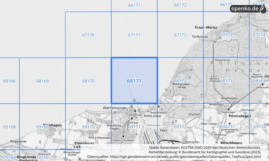 Übersichtskarte des KOSTRA-DWD-2020-Rasterfeldes Nr. 68171
