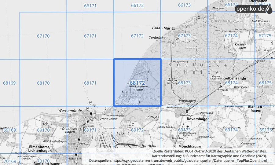 Übersichtskarte des KOSTRA-DWD-2020-Rasterfeldes Nr. 68172