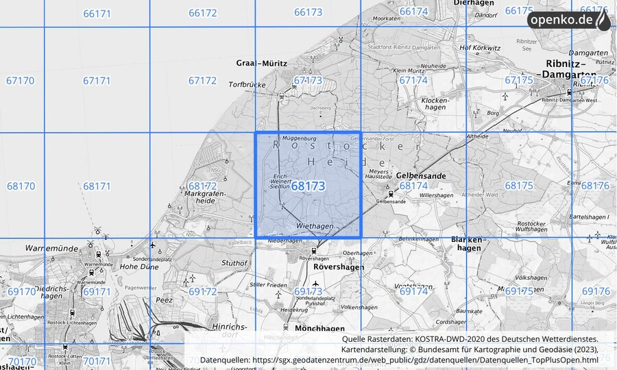 Übersichtskarte des KOSTRA-DWD-2020-Rasterfeldes Nr. 68173