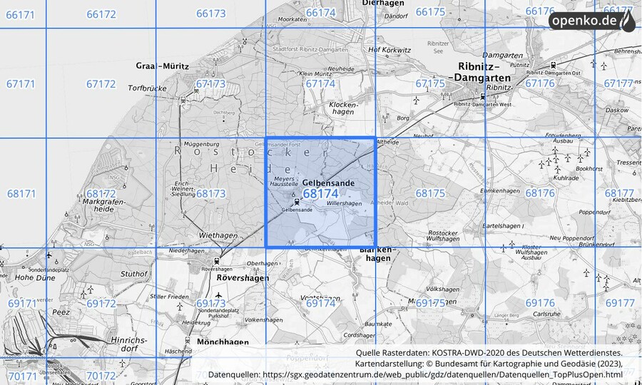 Übersichtskarte des KOSTRA-DWD-2020-Rasterfeldes Nr. 68174