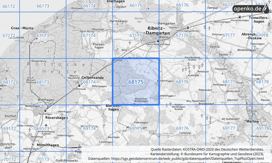 Übersichtskarte des KOSTRA-DWD-2020-Rasterfeldes Nr. 68175