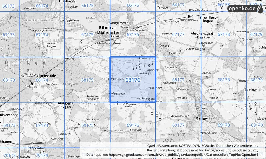 Übersichtskarte des KOSTRA-DWD-2020-Rasterfeldes Nr. 68176